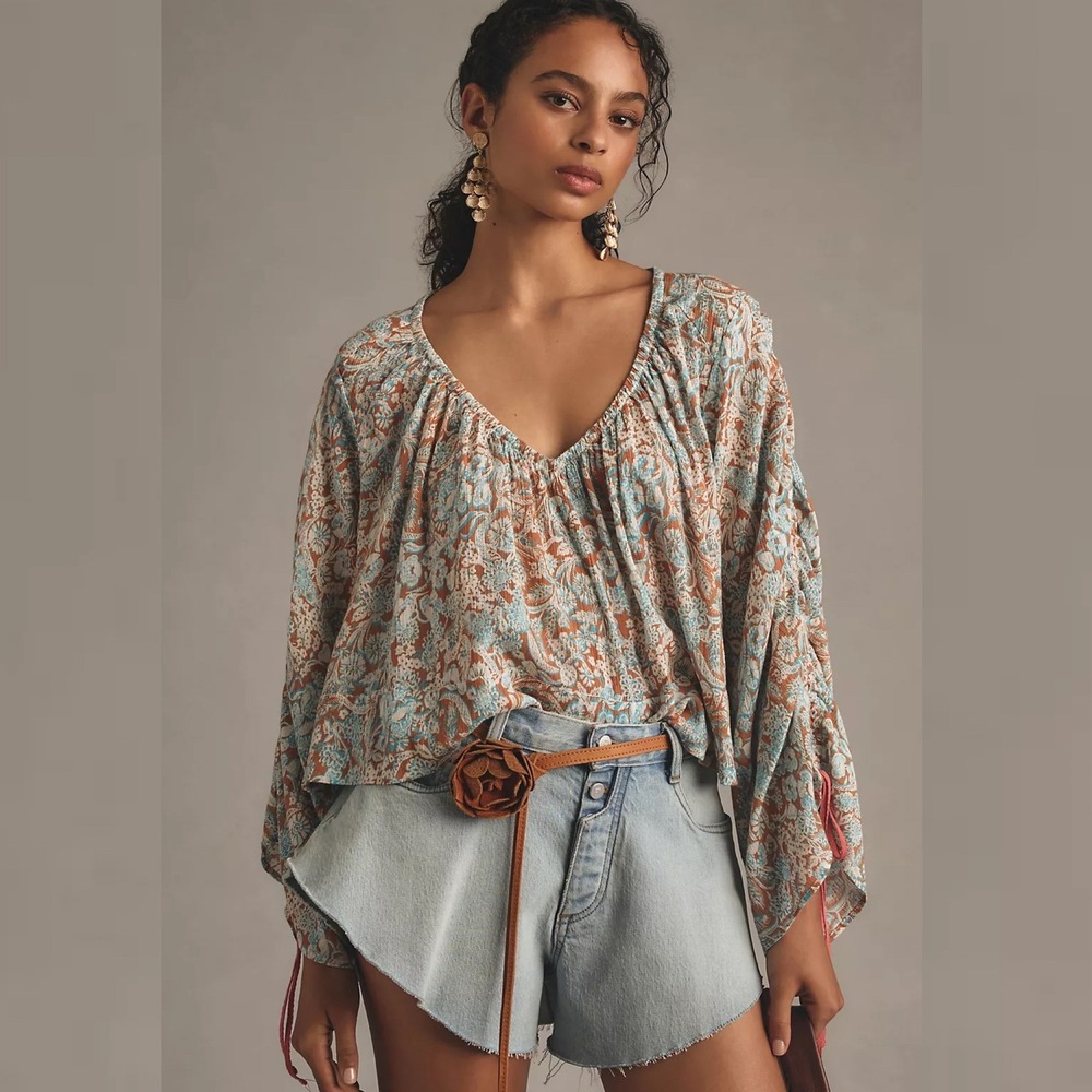 Anthropologie Long Sleeve Shirred Bohemian Blouse Womens Size XL Boho Tie Sleeve